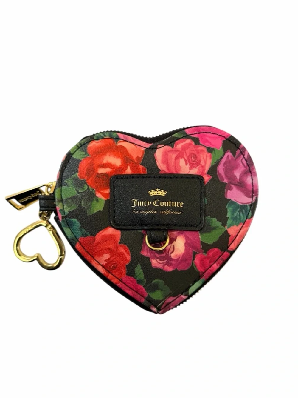 Juicy Couture Floral Heart Coin Purse Keychain Wallet Charm Black Pink Roses Y2K
